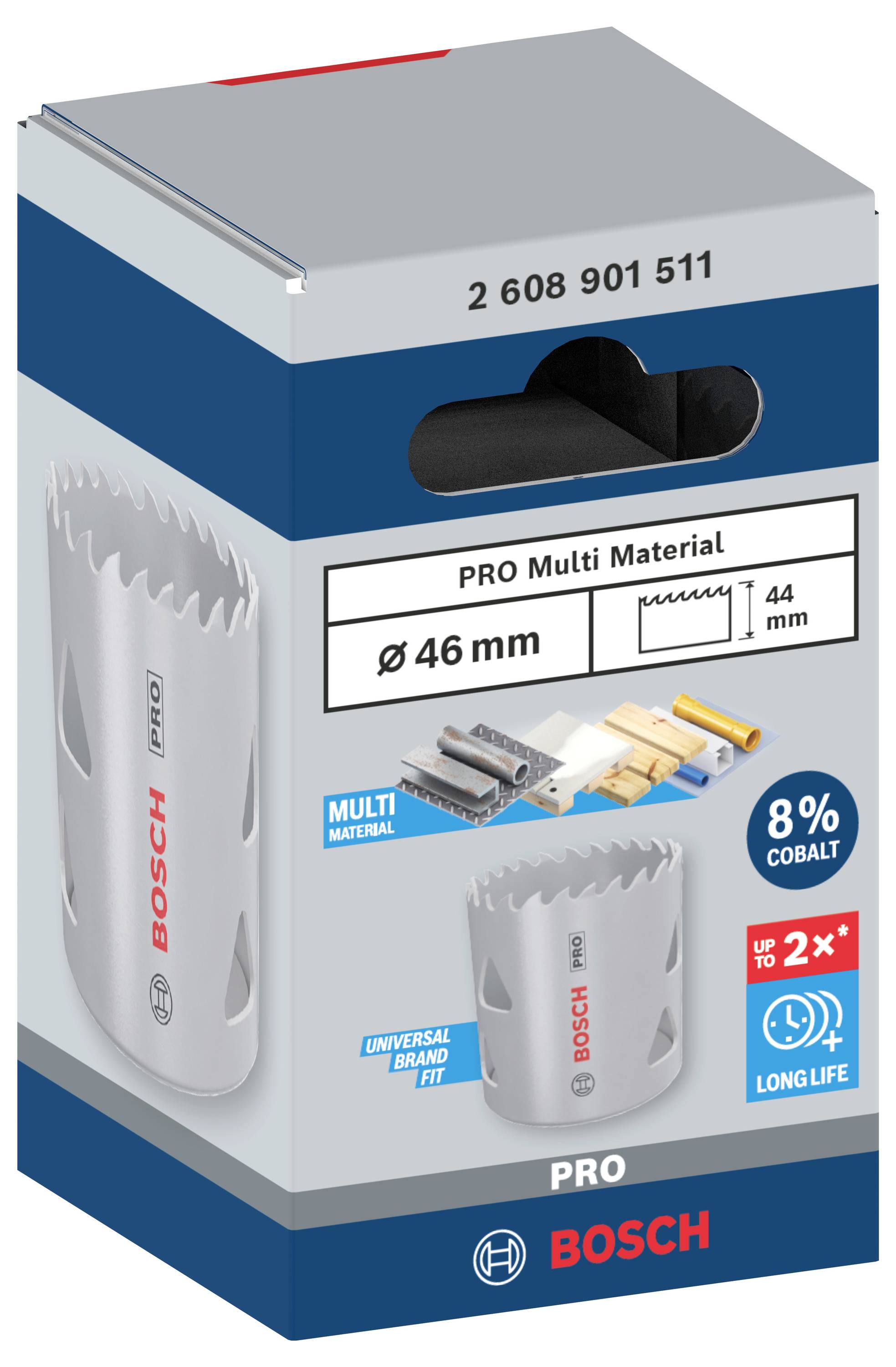 Bosch PRO Multimaterial-Lochsäge, 46 mm, für Holz, Metall, Kunststoff; 8% Kobalt, langlebig, universelle Passform.