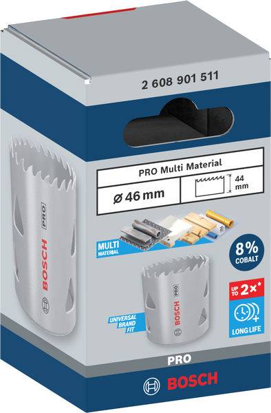 Blaue Verpackung einer Bosch Lochsäge mit 46 mm Durchmesser, geeignet für verschiedene Materialien. Der Slogan betont Langlebigkeit und Leistung.