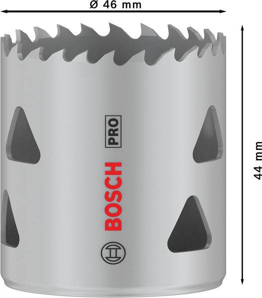Lochsäge mit gezackten Kanten, gekennzeichnet mit 'Bosch Pro'. Durchmesser 46 mm, Höhe 44 mm.