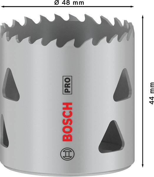 Metall-Lochsäge von Bosch, Durchmesser 48 mm, Höhe 44 mm, gezackte Schneidezähne, Symbol für Präzision und Haltbarkeit.