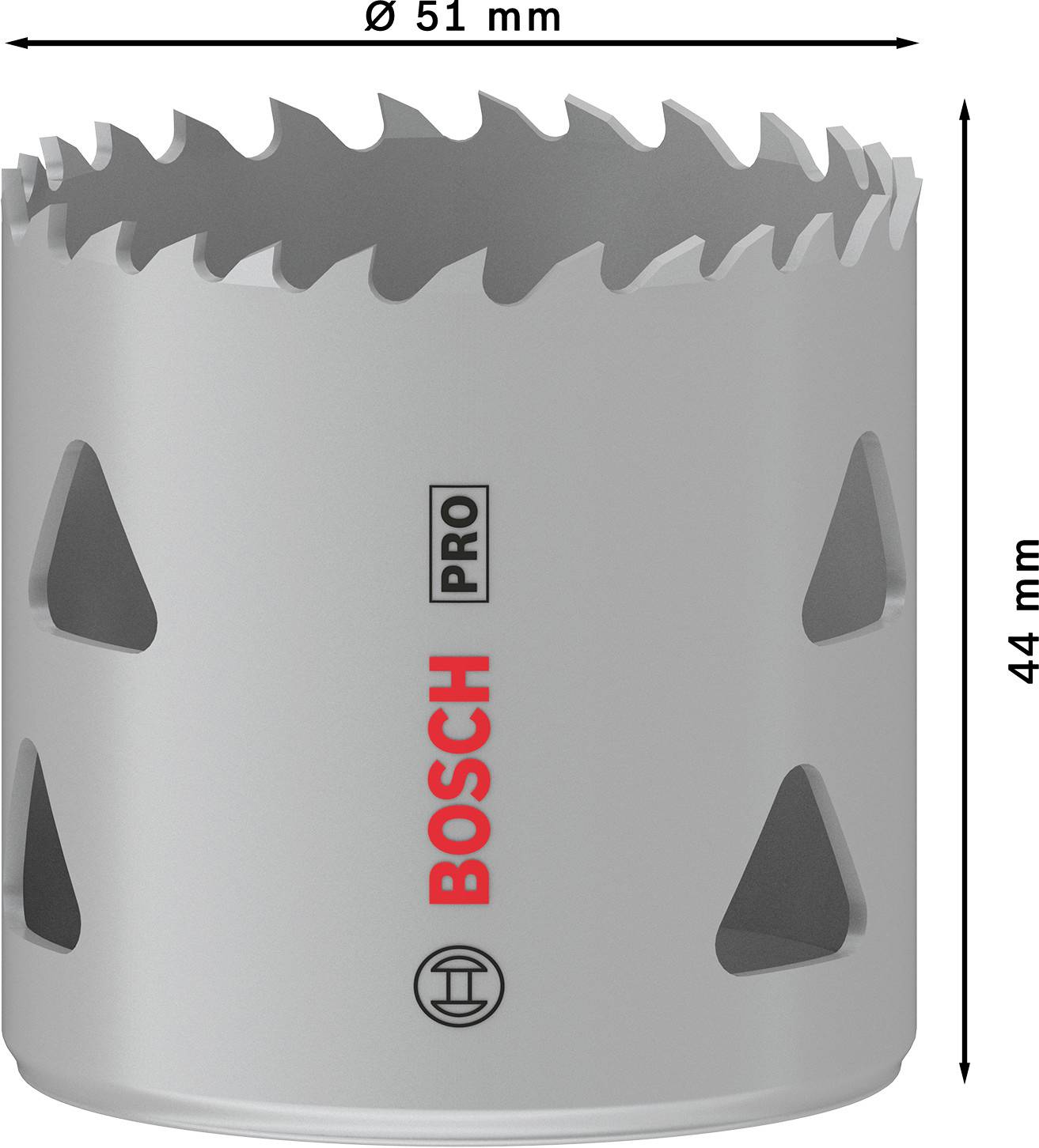 'Bosch Pro' Lochsäge mit 51 mm Durchmesser und 44 mm Länge. Silbernes Design mit rotem Logo, geeignet für präzises Bohren.