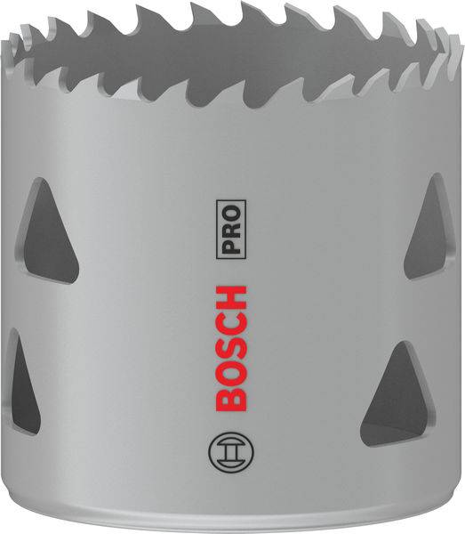 Metallsäge mit gezackter Schneide, silbernes Zylinderdesign. Beschriftung 'Bosch PRO' in Rot und Schwarz.