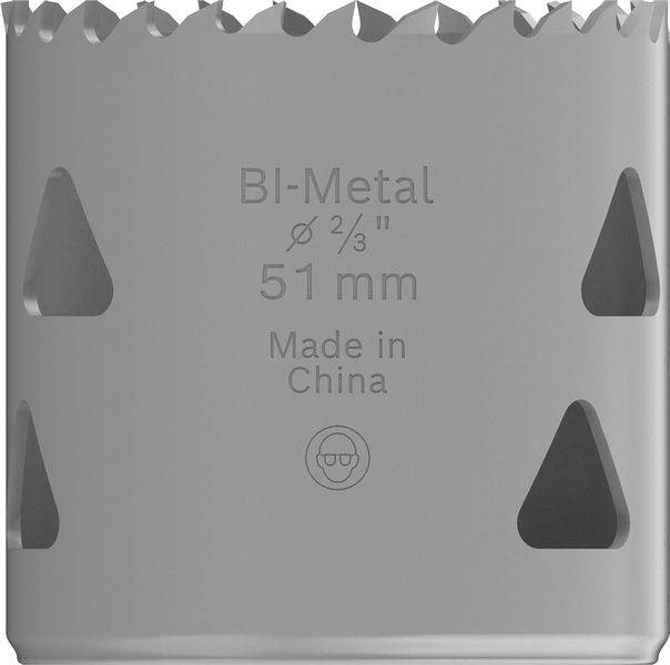 Bohrkrone aus Bi-Metall, Durchmesser 51 mm, mit der Aufschrift 'Made in China'.