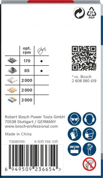 Verpackung von Bosch Schleifblättern. Tabelle mit U/min für verschiedene Materialien. QR-Code und Warnhinweise. Hergestellt in China.