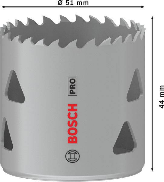 Graue Lochsäge mit scharfen Zähnen. Markiert mit 'BOSCH PRO'. Durchmesser 51 mm, Höhe 44 mm.