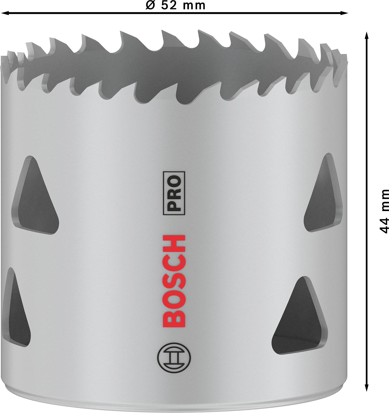 Bohrkrone von Bosch Pro, Durchmesser 52 mm, Höhe 44 mm, silber mit roten und schwarzen Markierungen, gezahnte Schneide.