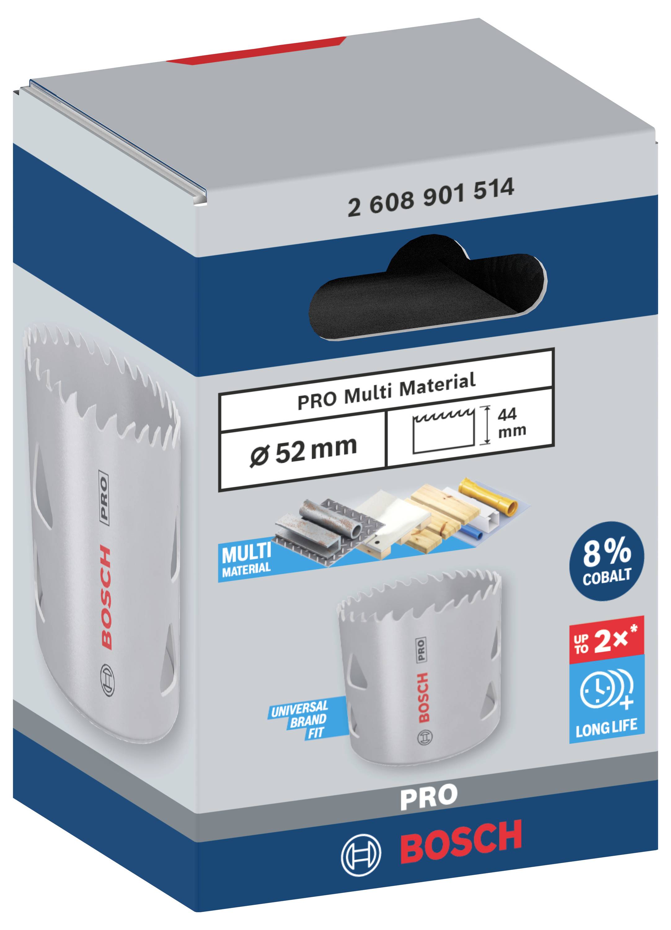 Verpackung einer Bosch-Pro-Multi-Material-Lochsäge, Durchmesser 52 mm, mit 8 % Kobaltanteil. Geeignet für verschiedene Materialien.