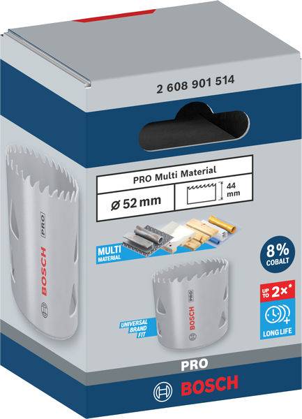 Verpackung einer Bosch Lochsäge. Beschriftung betont 'PRO Multi Material', Durchmesser 52 mm, Schnitttiefe 44 mm, 8% Kobalt.