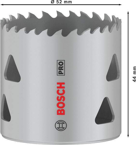 Abgebildet ist ein grauer Bosch Pro Lochsägeaufsatz mit einem Durchmesser von 52 mm und einer Höhe von 44 mm.