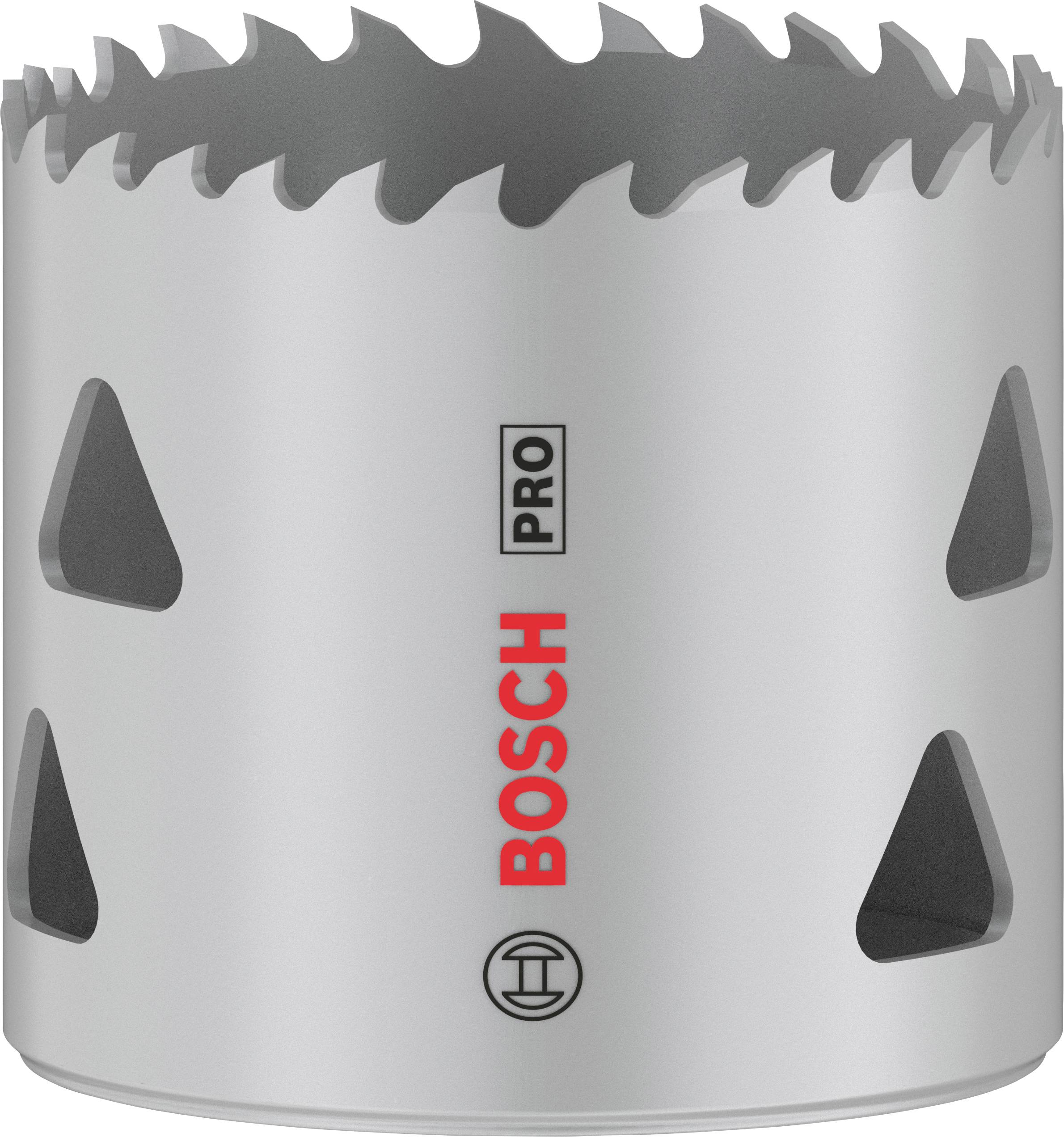 Silbernes Lochsägeblatt mit spitzen Zähnen, Markenname 'Bosch' in Rot. Verwendet für präzises Bohren großer Löcher in Materialien.