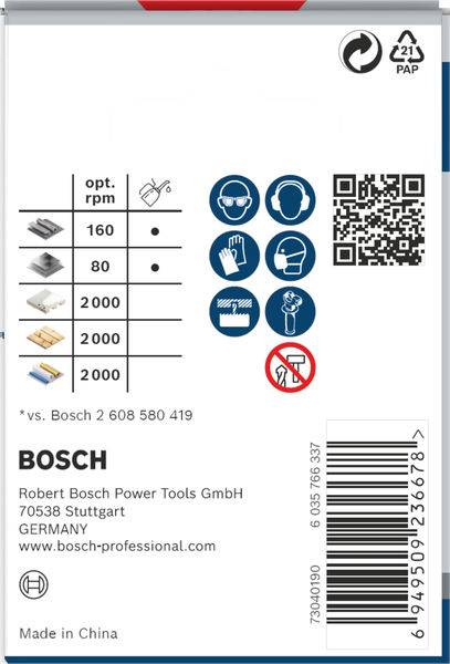 Verpackungsrückseite eines Bosch-Produkts. Enthält technische Daten zur Drehzahl, Symbole für Schutzmaßnahmen, QR-Code und Kontaktinformationen.