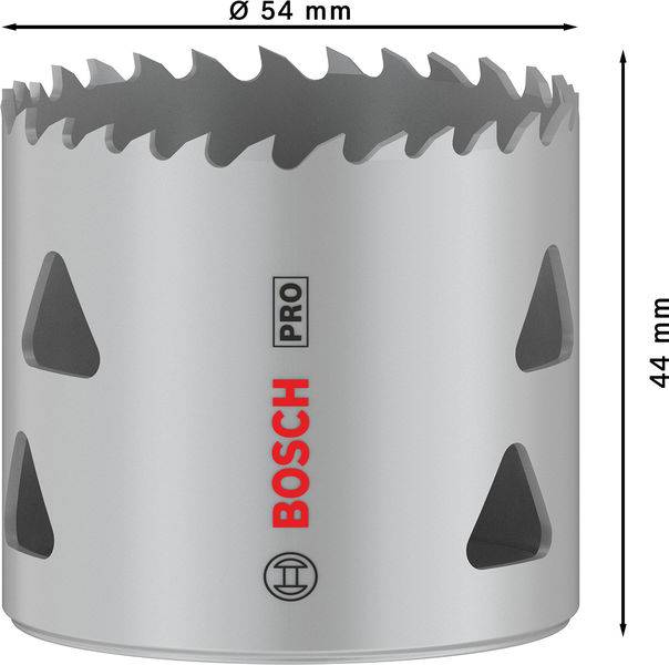 Bohrkrone mit gezacktem Rand, Aufschrift 'Bosch Pro'. Durchmesser 54 mm, Höhe 44 mm. Graues Metall mit markanten Löchern.