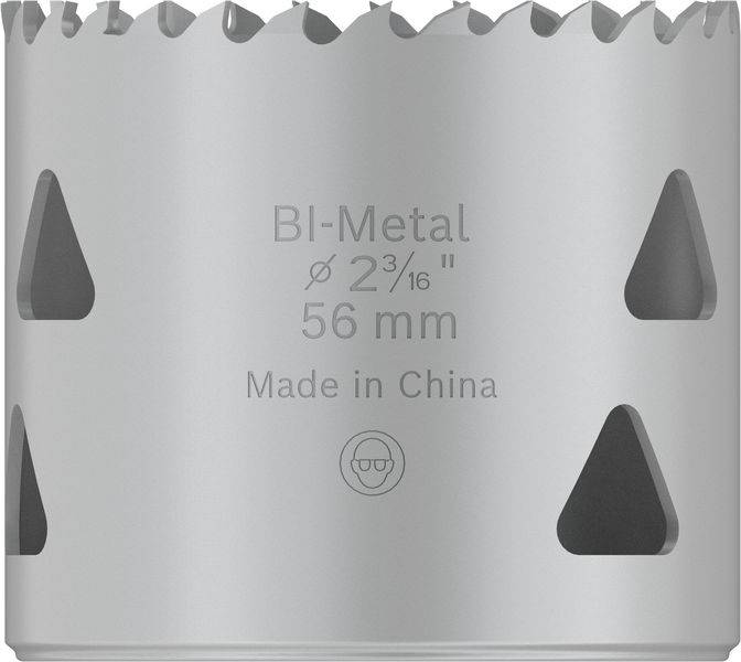 Bohrkrone aus Bi-Metall, Durchmesser 56 mm, hergestellt in China, mit Zähnen am oberen Rand und seitlichen Lüftungsöffnungen.