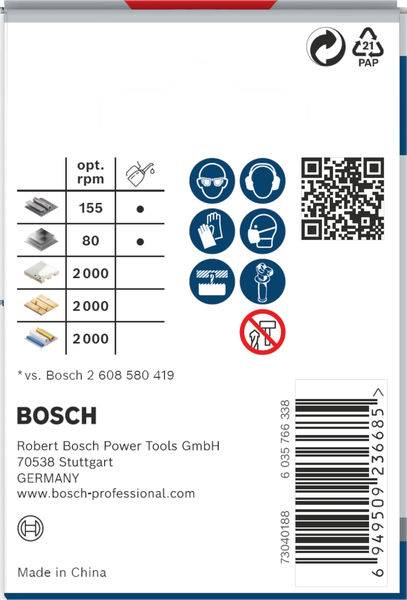 Verpackungsetikett von Bosch. Inklusive Tabelle mit optimalen Umdrehungen pro Minute für verschiedene Materialien und Schutzsymbolen.