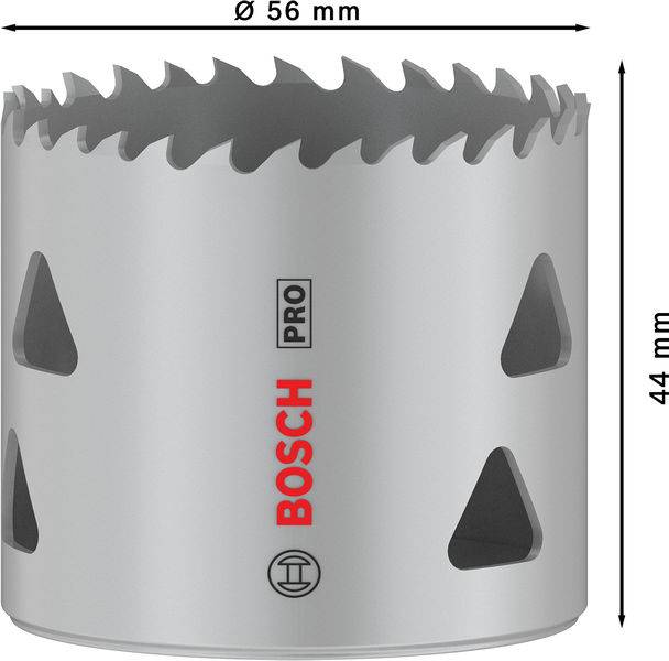 Sägekrone mit 56 mm Durchmesser und 44 mm Höhe. Silbergraues Metall mit seitlichen Löchern, Markenname 'BOSCH PRO' auf der Oberfläche.