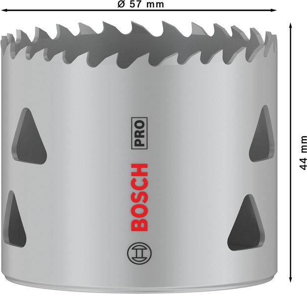 Metall-Lochsäge von Bosch mit einem Durchmesser von 57 mm und einer Höhe von 44 mm, geeignet für präzise Schnitte in Metalloberflächen.