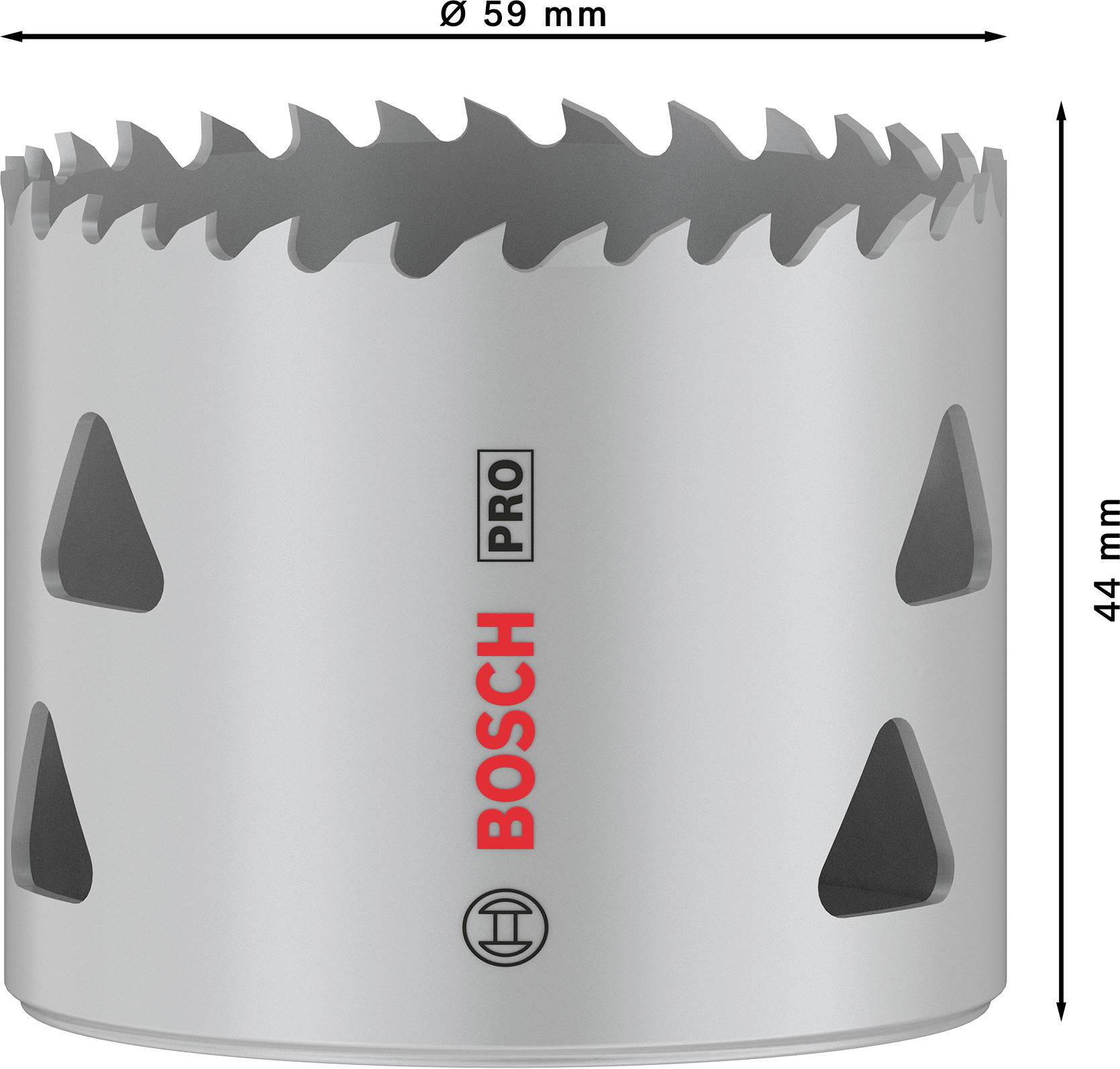 Bohrkrone von Bosch, Durchmesser 59 mm, Höhe 44 mm, silberne Farbe, gezahnte Kante, geeignet für Bohrmaschinen-Einsätze.