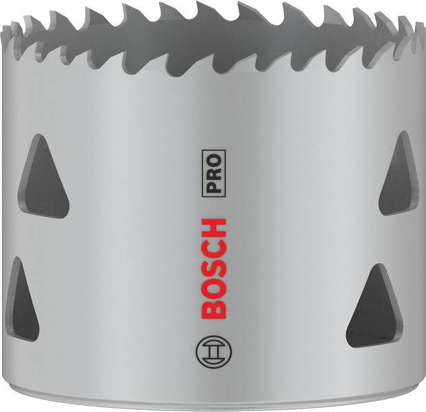 Grauer Lochsägeaufsatz mit scharfen Zähnen, Aufschrift 'Bosch Pro' in Rot und Schwarz, dient zum Bohren großer Löcher in harten Materialien.