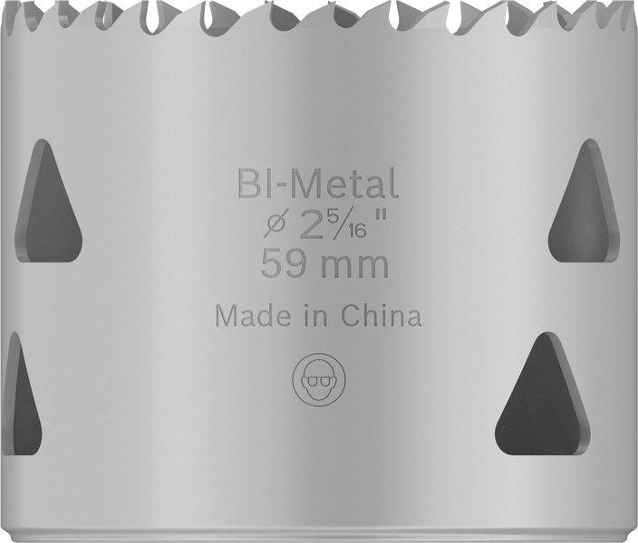 Silberner Bi-Metall-Lochsägeaufsatz mit Durchmesser von 59 mm. Markiert mit 'Made in China' und minimalistischem Design.