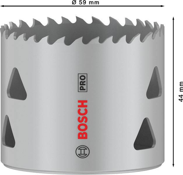 Lochsäge von Bosch, 59 mm Durchmesser, 44 mm Höhe, geeignet für präzises Bohren in Holz und Metall.
