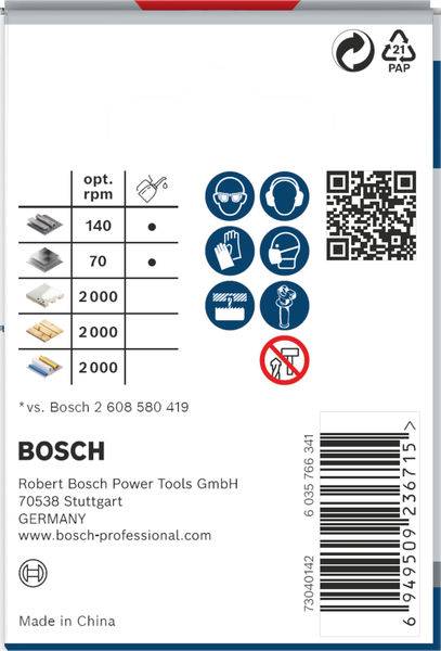 Verpackungsrückseite eines Bosch-Produkts mit Symbolen für Schutzmaßnahmen, QR-Code, Adresse, Strichcode und Drehzahlempfehlungen.