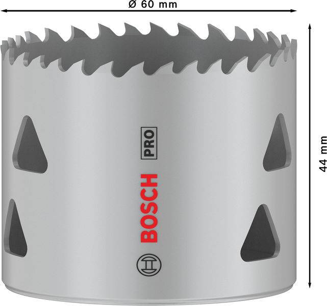 Grauer Lochschneider mit roten 'Bosch'-Logo und zahnförmigem Rand, 60 mm Durchmesser, 44 mm Höhe, geeignet zum Bohren von Löchern.