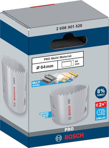Abbildung einer Bosch Sägeblatt-Verpackung für Multi-Material, Durchmesser 64 mm, 8 % Kobalt, mit Bildern der Anwendungen.