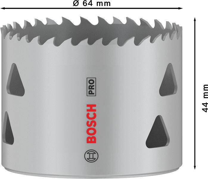 Metall-Lochsäge mit Zähnen, Aufschrift 'BOSCH PRO'. Durchmesser 64 mm, Höhe 44 mm. Geeignet für präzises Bohren in Metall.