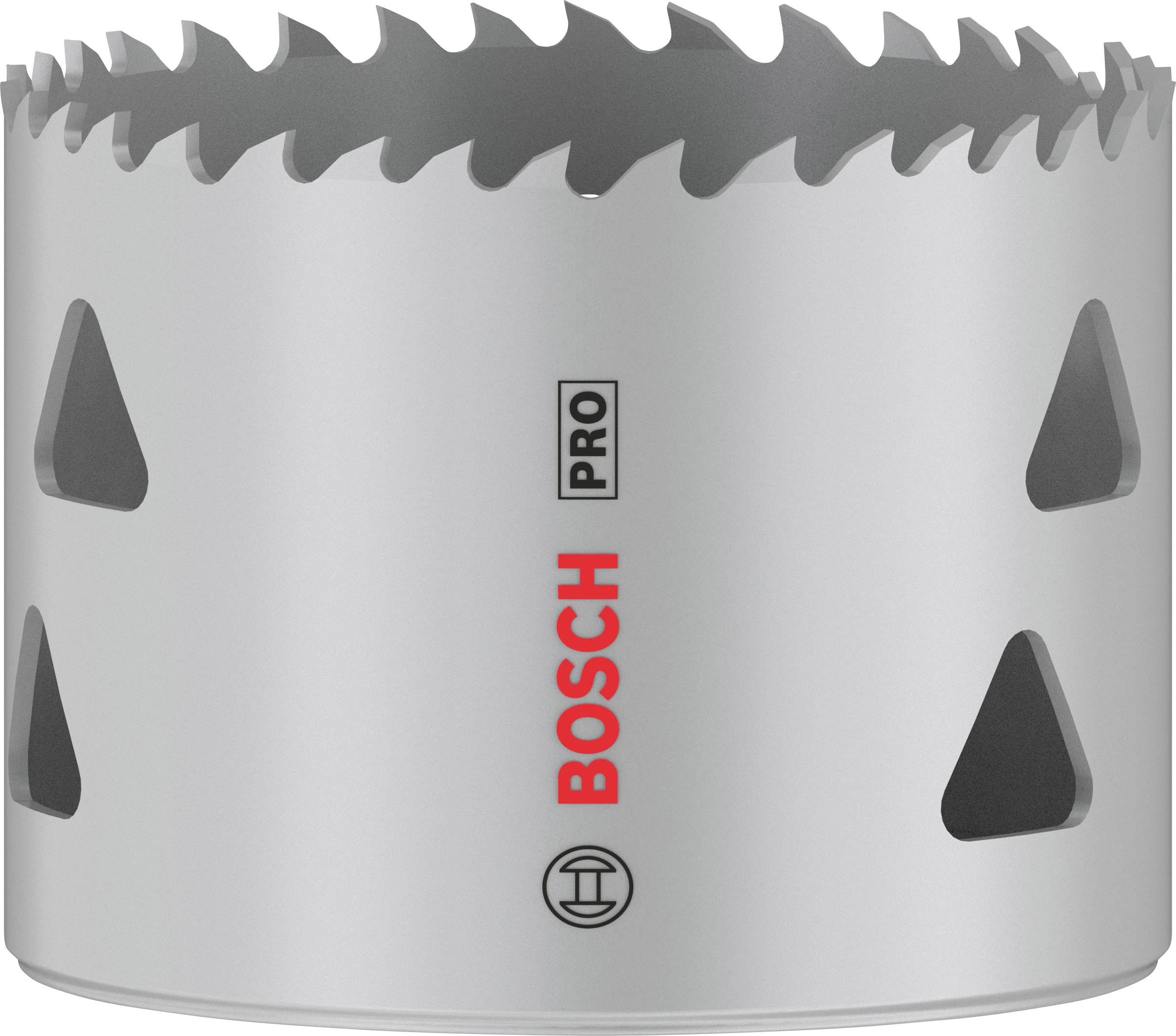 Metall-Lochsäge mit scharfen Zähnen und seitlichen Belüftungsöffnungen; 'BOSCH Pro'-Markierung auf der Oberfläche.