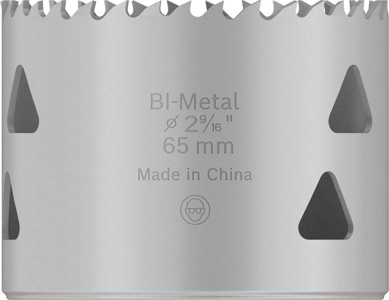 Silberne Lochsäge, 65 mm, mit Aufschrift 'BI-Metal Ø 65 mm Made in China'. Eignet sich zum Bohren großer Löcher in Metall.