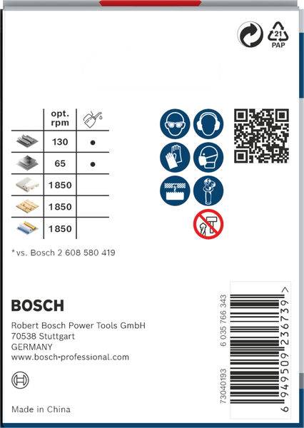 Etikett einer Bosch-Verpackung mit Symbole für Schutzmaßnahmen und Spezifikationen für Schleifscheiben, inklusive QR-Code und Barcodes.
