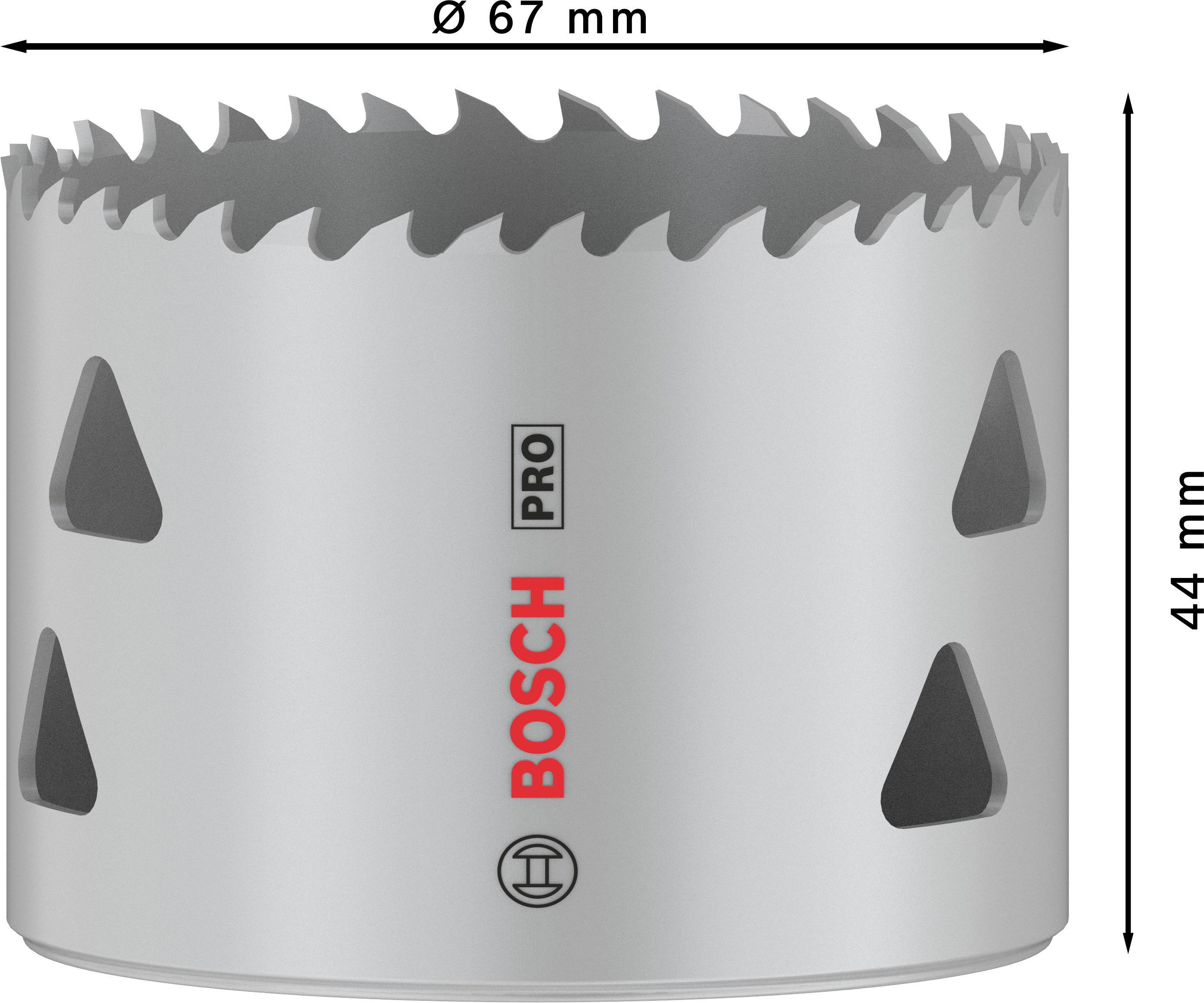 Metall-Lochsäge mit 67 mm Durchmesser und 44 mm Schnitttiefe, silberfarben, Markenname 'BOSCH PRO' gut sichtbar.