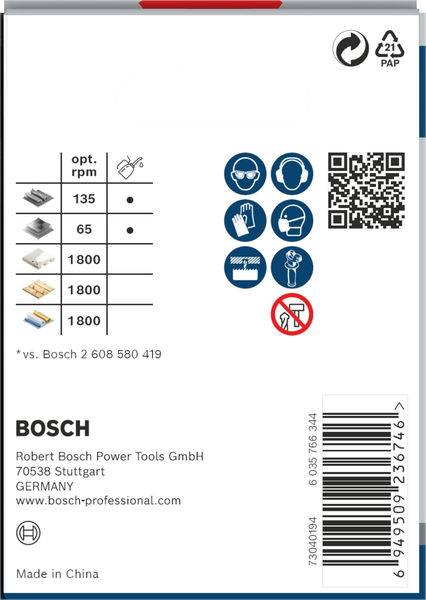 Verpackungsrückseite von Bosch Power Tools. Zeigt technische Spezifikationen, Sicherheitsikonen und QR-Code. Made in China.