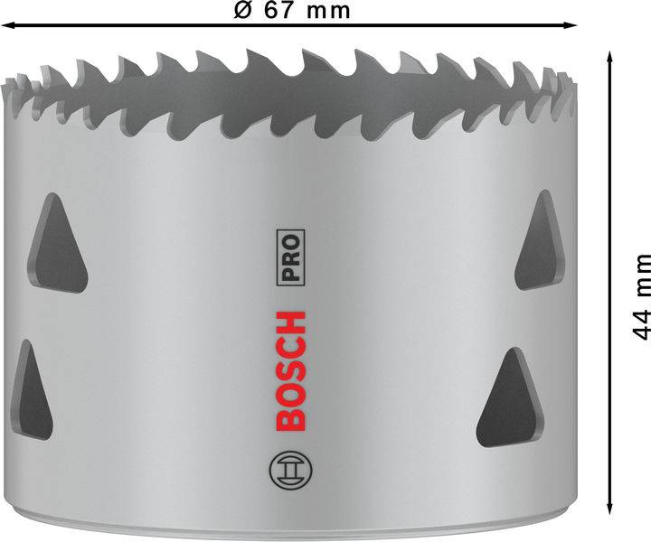 Bohrkrone von Bosch mit einem Durchmesser von 67 mm und einer Höhe von 44 mm. Sie hat gezahnte Kanten und seitliche Öffnungen.