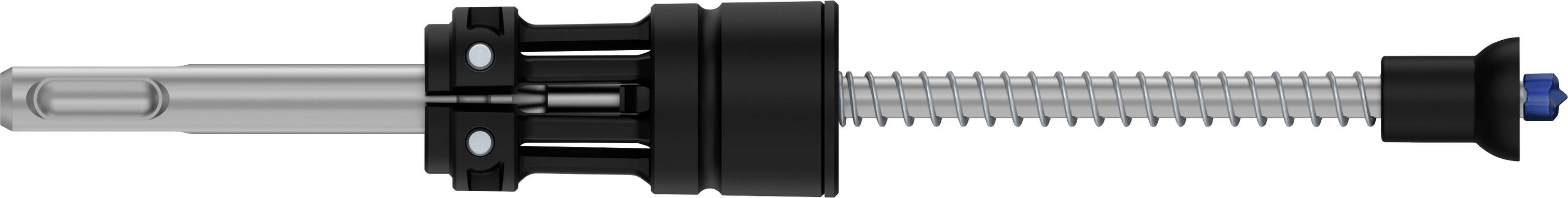 Ein Linearantrieb mit schwarzem Gehäuse und silberner Welle, ausgefahren, auf einem weißen Hintergrund.