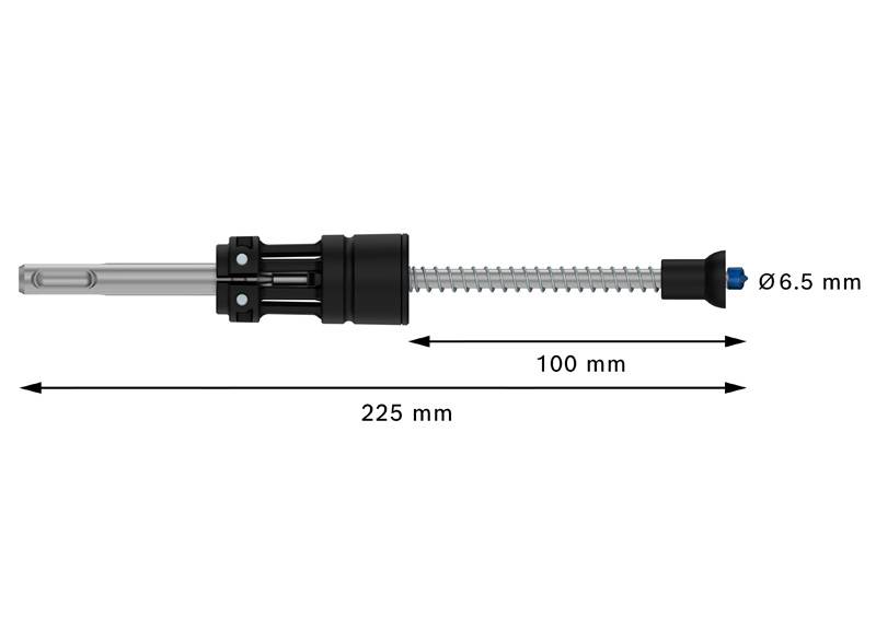 Technische Zeichnung eines Metallstifts mit Kunststoffgriff. Länge: 225 mm, Durchmesser: 6,5 mm, hervorstehend: 100 mm.
