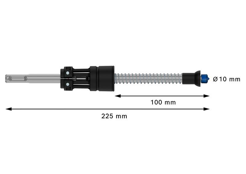 Gasdruckfeder mit einer Gesamtlänge von 225 mm und einem Durchmesser von 10 mm. Der Hub beträgt 100 mm.