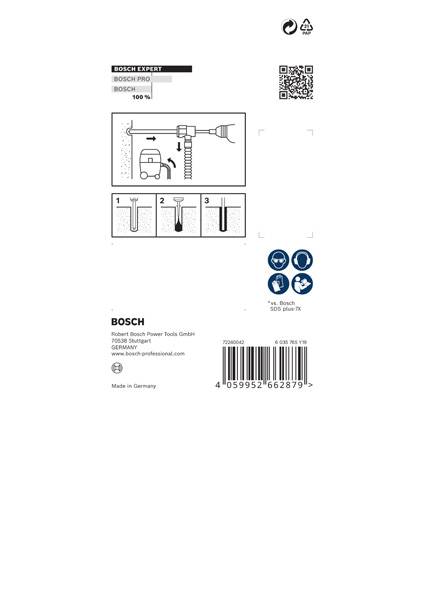 Einsatzanleitung für Bohrer: 1. Bohrer in Halter einstecken, 2. In Oberfläche bohren, 3. Fixieren. Bosch-Logo oben links.