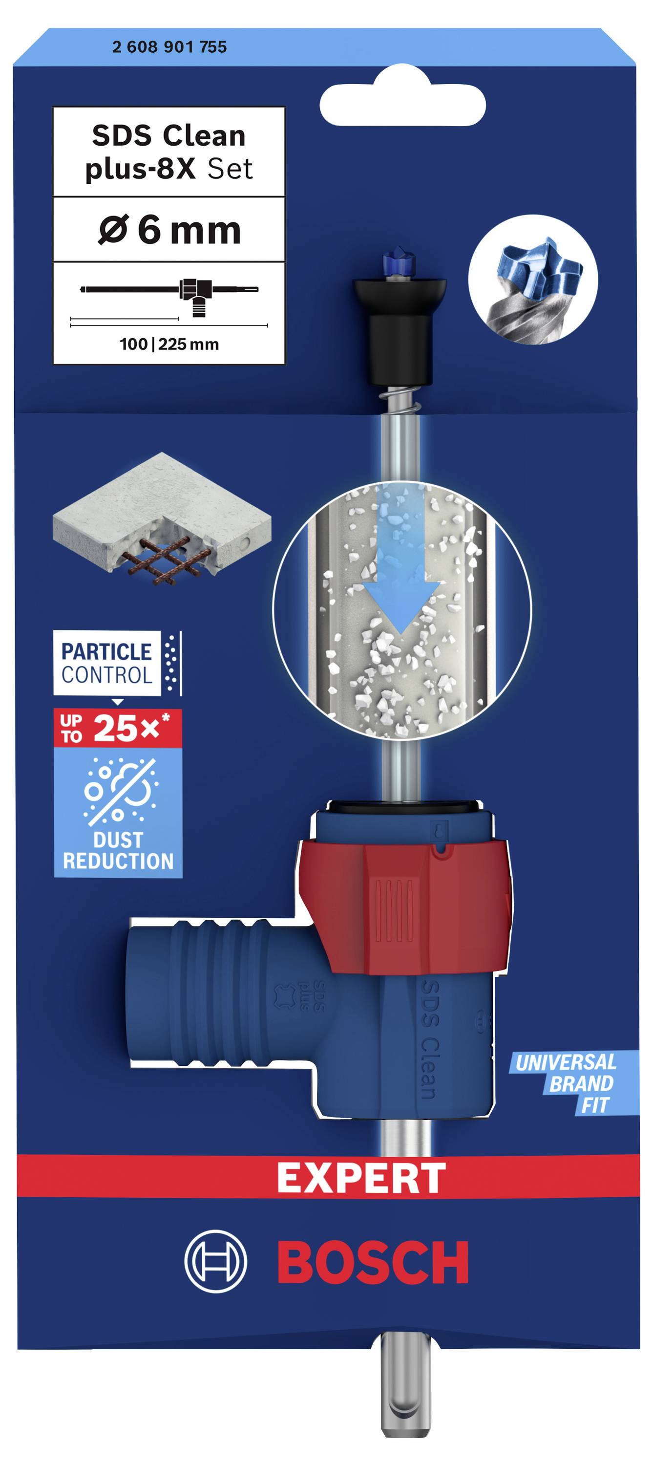 Verpackung eines Bosch SDS Clean plus-8X Bohrersets, 6 mm. Hebt Staubreduktion und universelle Verwendung hervor.