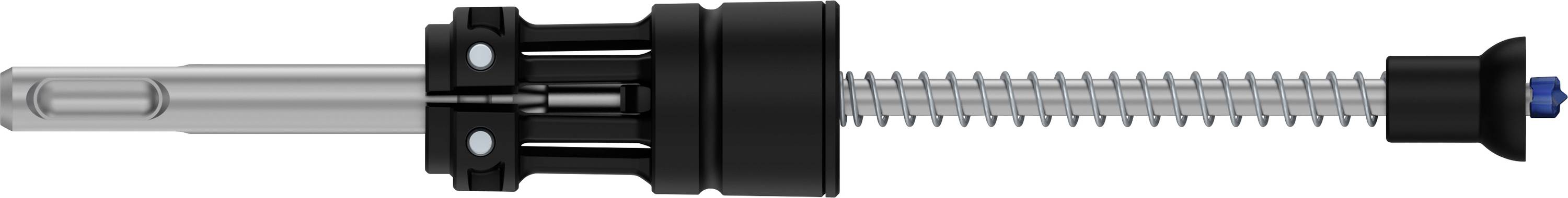 Metallschraube mit Spiralfeder und schwarzem Kunststoffgriff, teilweise in die Halterung eingeführt, auf weißem Hintergrund.