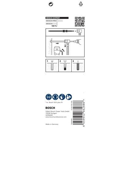 Verpackungsvorderseite von Bosch SDS plus-3 Bohrer. Abbildungen zeigen Bohrer, Montage, und Details. Produktinfo und Barcodes unten.