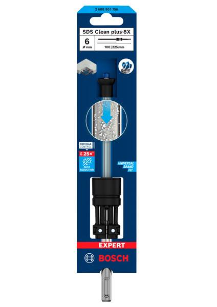 'Bosch SDS Clean plus-8X 6-teiliger Bohrer-Set' Verpackung mit detaillierter Darstellung der Bohrer und ihrer Einsatzmöglichkeiten.