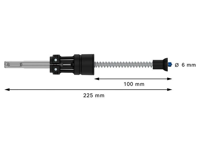 Darstellung eines expandierenden Dübels mit Gesamtlänge 225 mm und einem Durchmesser von 6 mm. Zwei Pfeile zeigen Maße an.