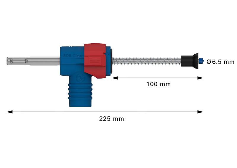 Ein Bohrsystem mit einer Gesamtlänge von 225 mm. Der Bohrer hat einen Durchmesser von 6,5 mm und einen blauen Haltegriff.