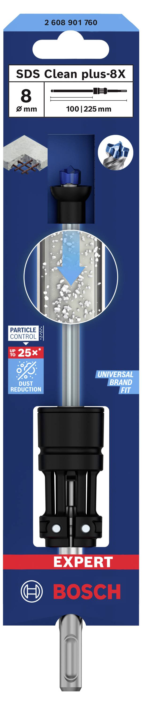 Verpackung eines Bosch Expert SDS Clean plus-8X Bohrers, geeignet für Beton, Durchmesser 8 mm, Länge 100/125 mm, Betonabbildung oben.