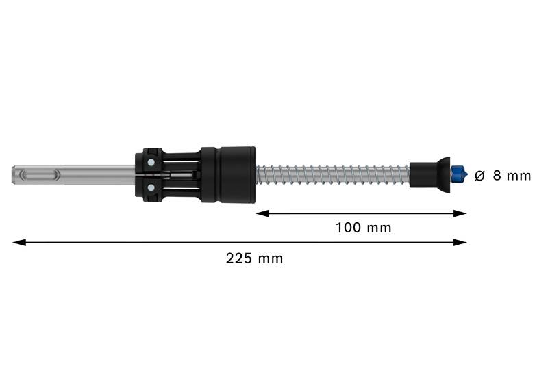 Ausziehbare Teleskopstange, Länge 225 mm, Durchmesser 8 mm, mit Markierungen bei 100 mm. Geeignet für präzise Längenmessungen.