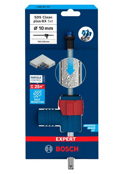 Bohrerset 'SDS Clean plus-8X Set' für 10 mm Löcher, zeigt Staubkontrolle und bis zu 25 % Staubreduzierung. Marke: Bosch.