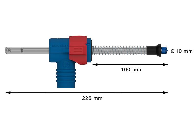 Abbildung zeigt eine Spritze mit Maßen: Gesamtlänge 225 mm, Schaftlänge 100 mm, Durchmesser 10 mm. Hauptfarben sind Blau und Rot.