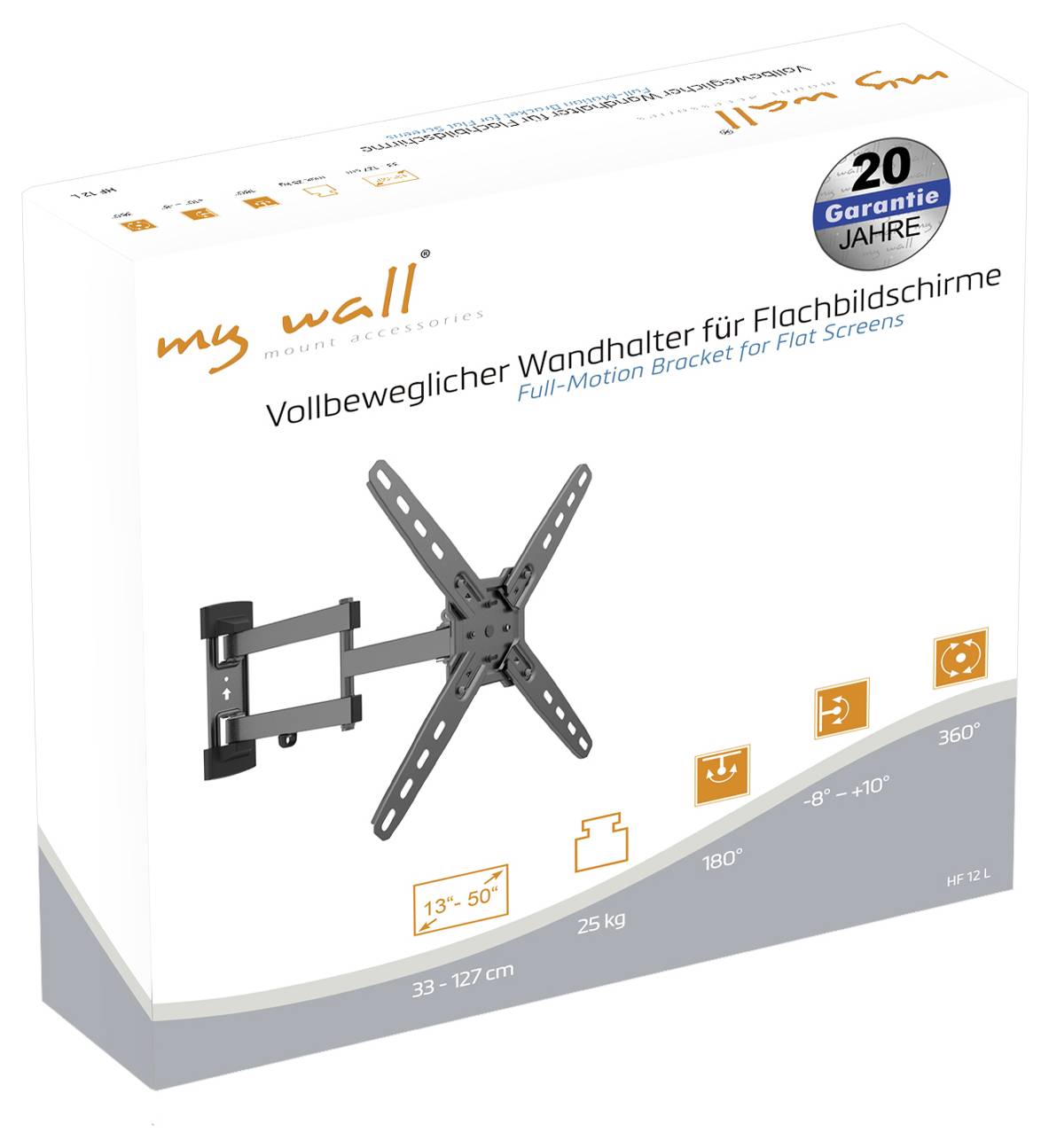 Vollbeweglicher Wandhalter für Flachbildschirme, passend für 13-50 Zoll. Belastbar bis 25 kg, 20 Jahre Garantie, 180° schwenkbar.