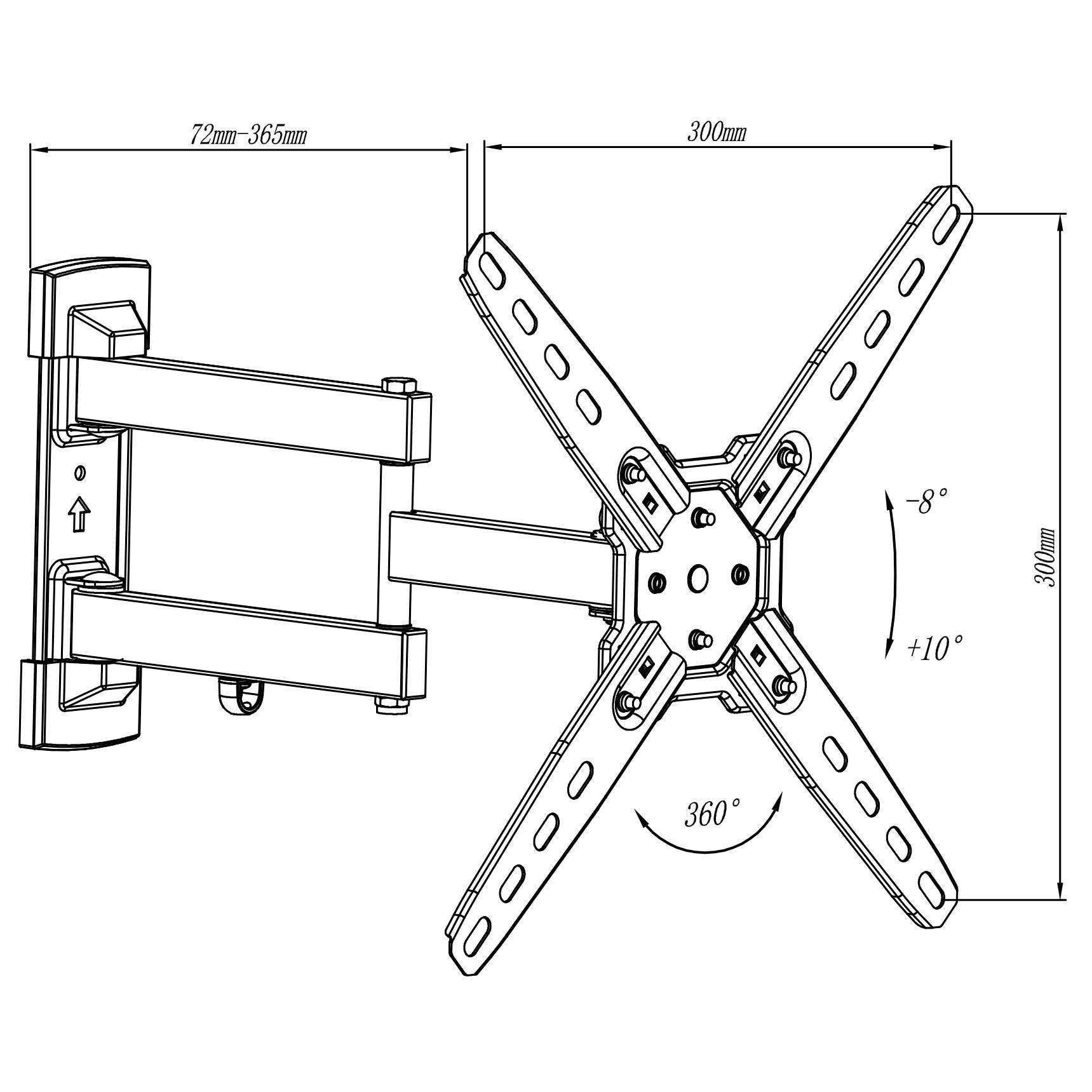 Technische Zeichnung einer verstellbaren TV-Wandhalterung, zeigt Neigungswinkel von -8° bis +10° und Rotationswinkel von 360°. Maße: 72-365mm Tiefe, 300mm Breite, 320mm Höhe.